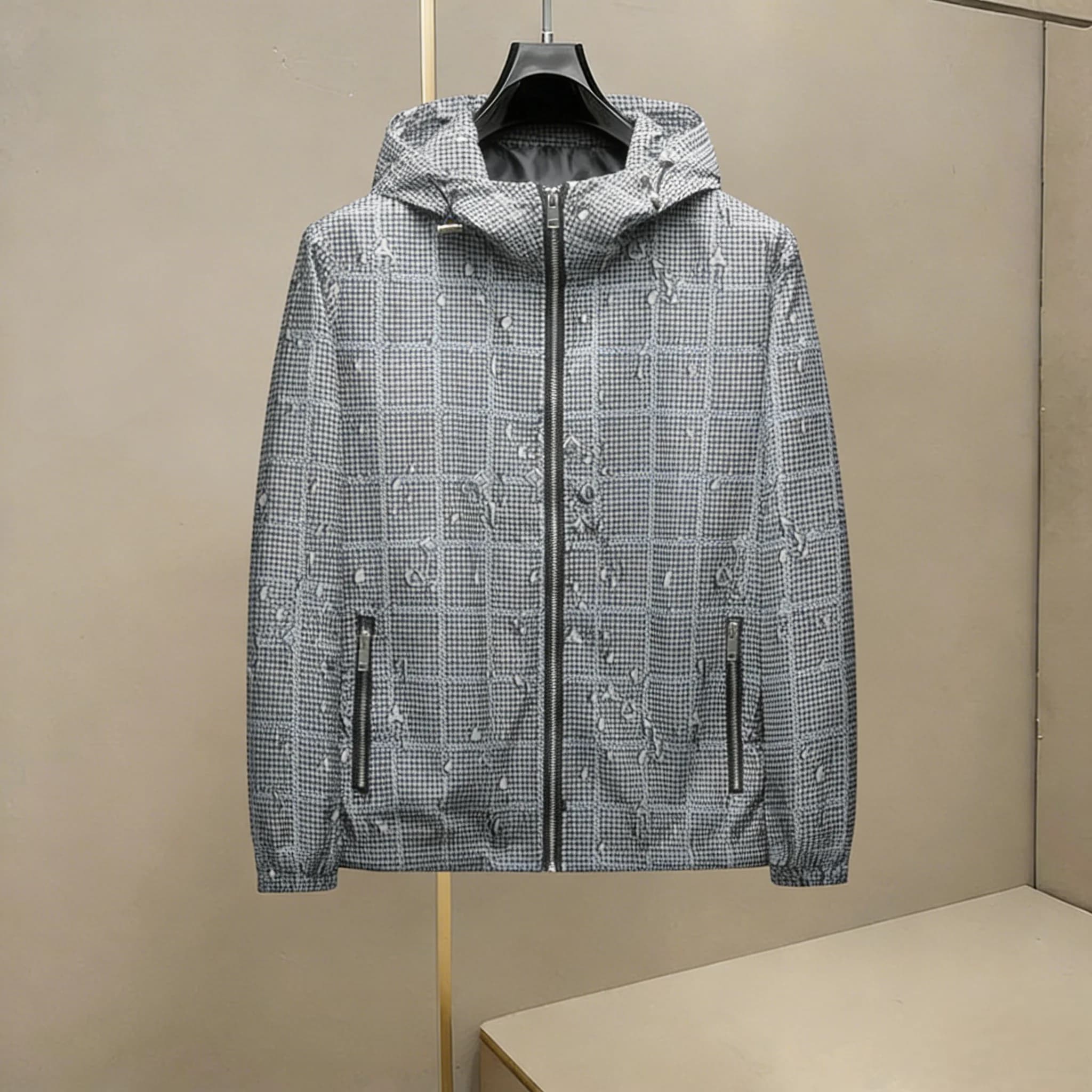Giacca con Cappuccio Slim Fit da Uomo, Stile Casual alla Moda, Cappotto Sottile a Quadri con Cerniera, Tessuto in Poliestere, Manica Lunga