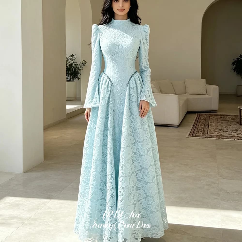 High‑Neck Long Flare Sleeve Lace Prom Dresses for Women Crystal Waist A‑Line Floor‑Length Formal Prom Gown For Wedding Party