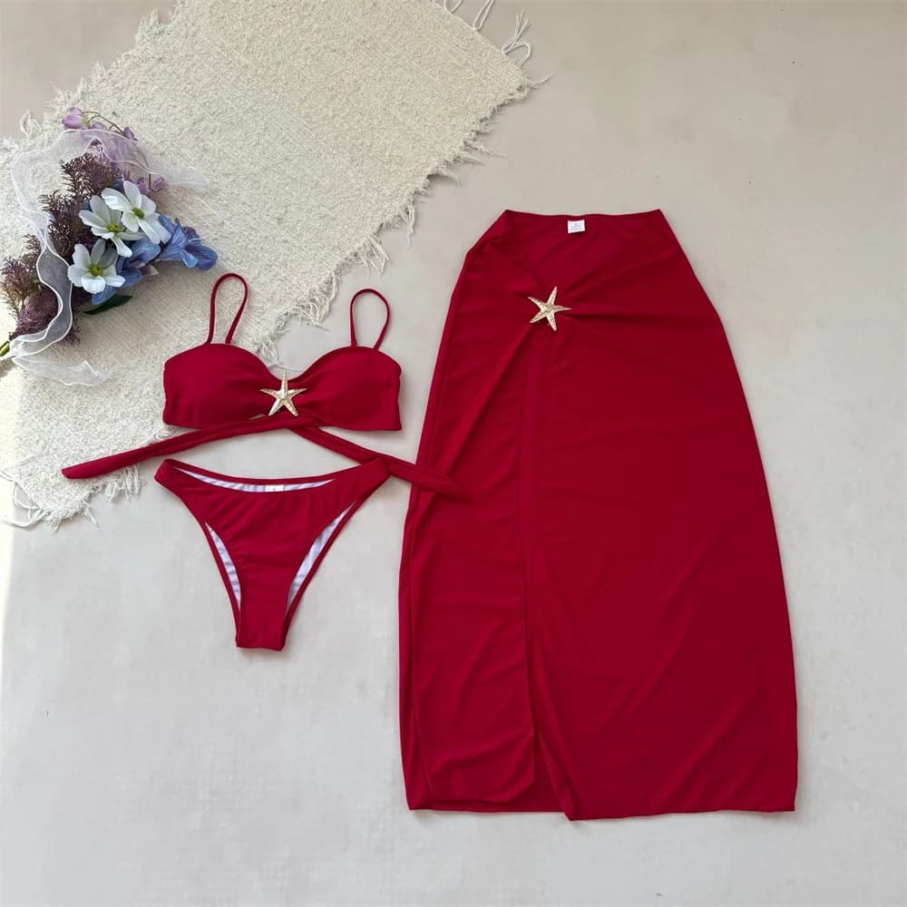 Costume da bagno lungo con fibbia a stella bikini rosso vintage, fasciatura senza schienale, costumi da bagno per le vacanze, copricostume da donna, costume da bagno da spiaggia