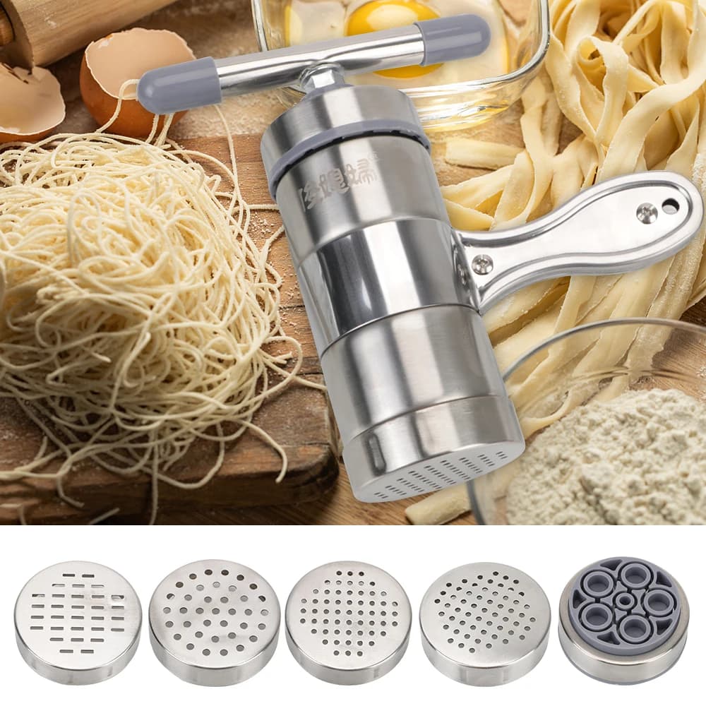 Macchina per Pasta in Acciaio Inox con 5 Stampi, Pressa Manuale per Spaghetti, Accessori da Cucina, Estrattore di Succo di Frutta