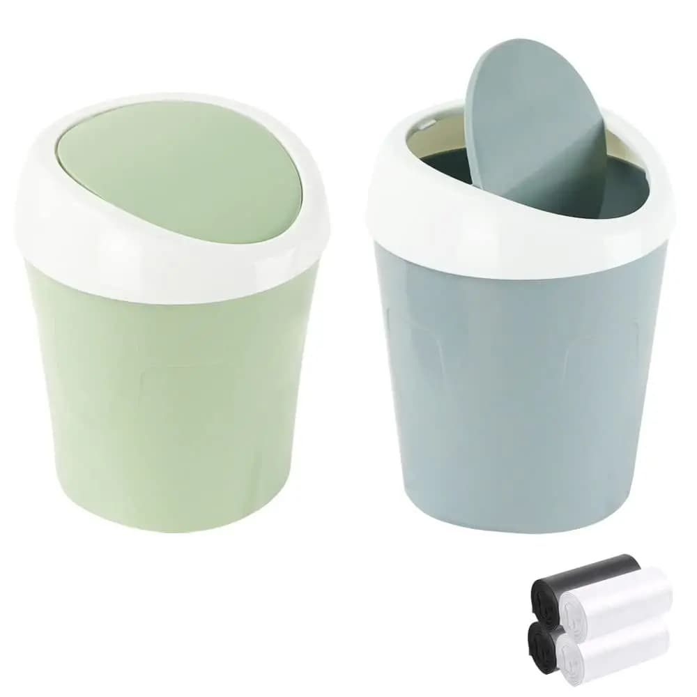 Set di 2 Mini Cestini per Rifiuti in Plastica con 120 Sacchetti, Contenitori Compatti con Coperchio a Battente per Casa, Ufficio, Cucina e Bagno (Blu e Verde)