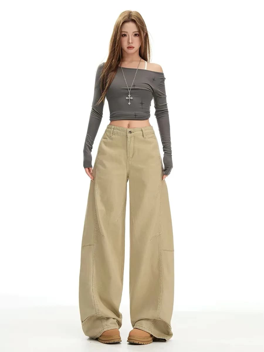 Jeans a Gamba Larga Color Kaki per Donna, Nuovo Design Estivo Americano Stile Workwear, Pantaloni Dritti con Drappeggio Casual, Vita Alta con Chiusura a Zip