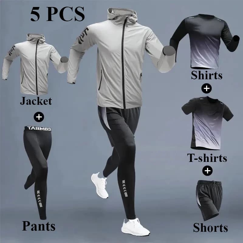 Tute estive facili da sudare Set da corsa da uomo 3-5 pezzi Abbigliamento sportivo Fitness T-shirt ad asciugatura rapida + Tuta sportiva da allenamento corta