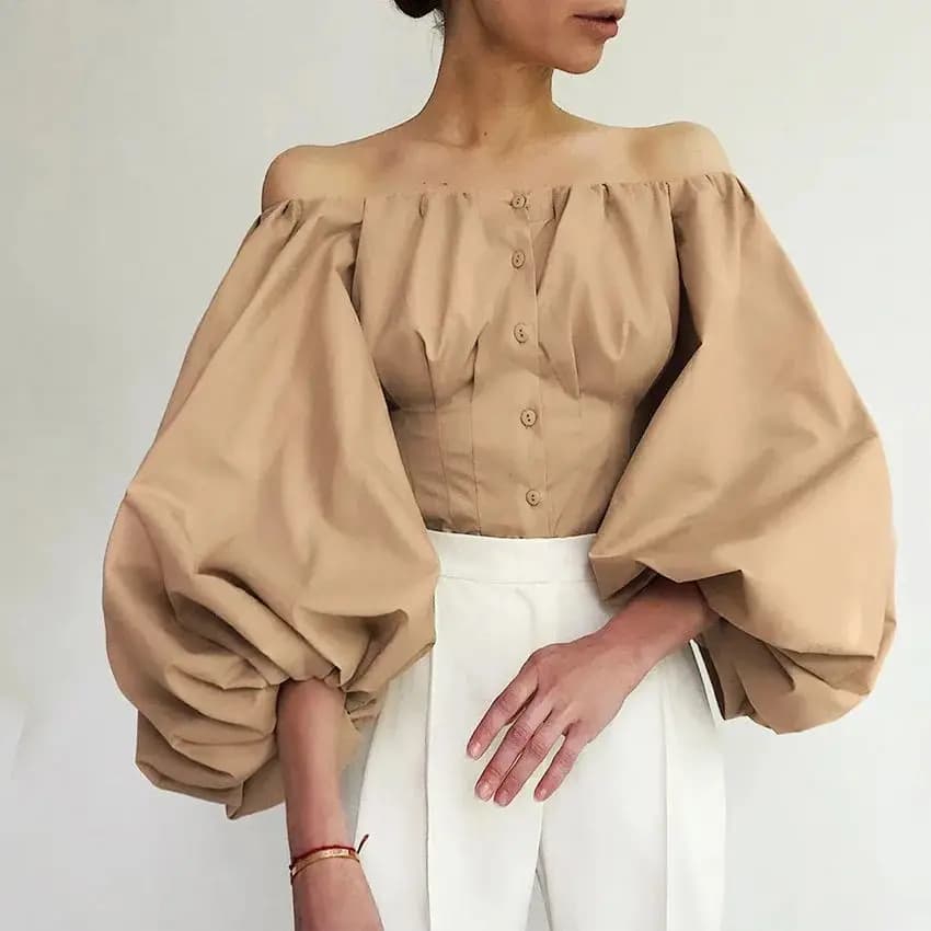Elegant Khaki Ladies Lantern Sve Slim Fit Women Shirt Fashionable Casual Blouse for Ladies