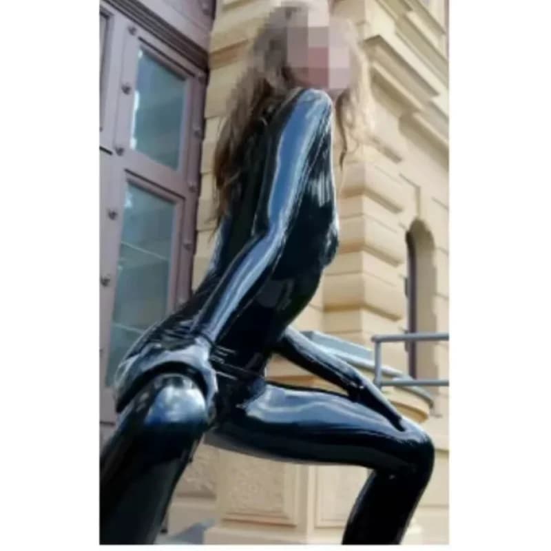 Latex Rubber Bodysuit Uniform Gloves Catsuit Fashion Cosplay Zip back and pass through the crotch