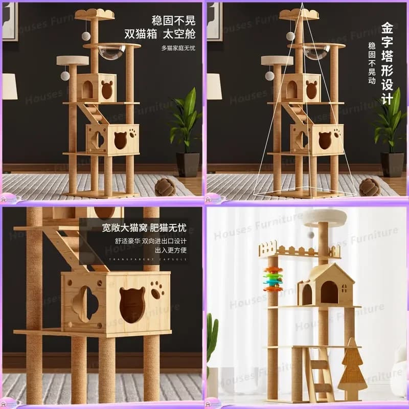 Large Wooden Cat Tree with Scratching Posts Climbing Platforms and Cozy Hideout for Indoor Cats Space Saving Cat Furniture