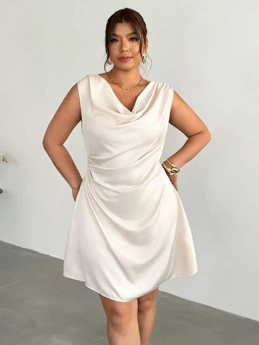 Firerie Women's Elegant White Summer Curve Satin Dress,Cocktail Party Wedding Guest Boat Neck Asymmetric Ruched Collar Cinched
