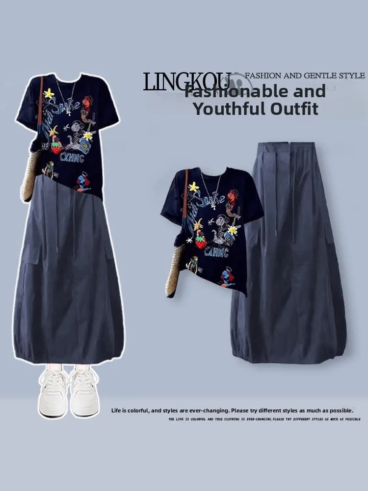 Completo casual da donna con t-shirt girocollo e gonna, taglie forti, estivo, alla moda, snellente, con stampa di lettere e cartoni animati, comodo per il lavoro