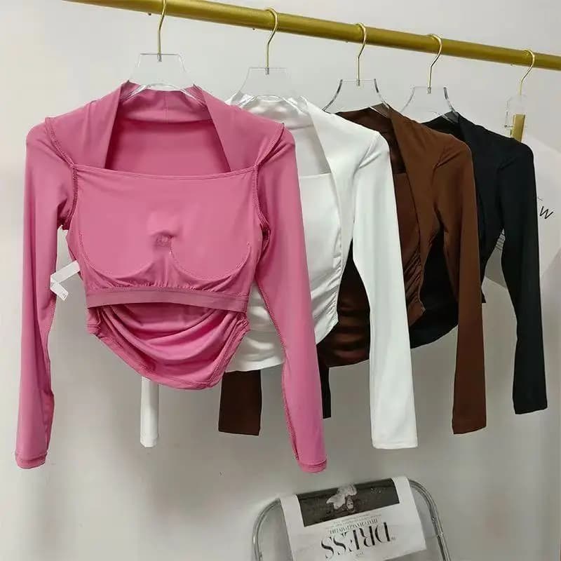 Women's Fixed-Pad Yoga Wear, Tight-Fitting, Slimming Sports Long-Sleeve Top, Running, Fitness, Pilates Training Apparel