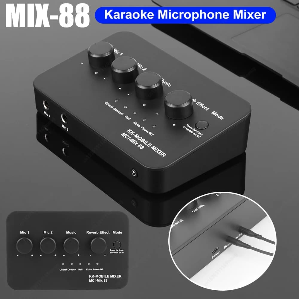 Mixer Audio Digitale con Connessione AUX 3.5mm e BT, Doppio Ingresso Microfono, Macchina Audio Digitale per Karaoke, Smart TV, PC e Altoparlanti