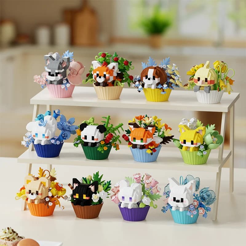 Nice dessert small animals bouquet in pot doll cartoon panda puppy building block ornament baby toys gift