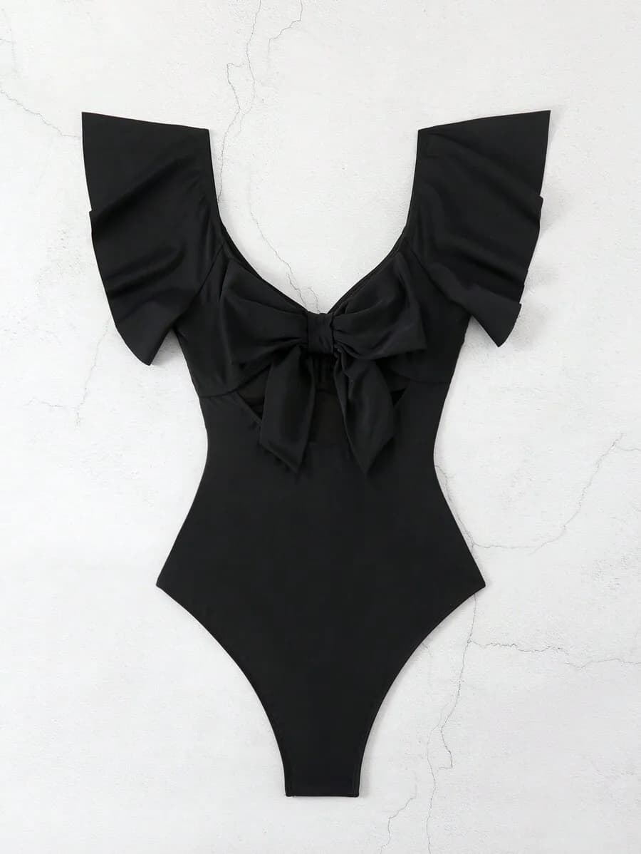 Women One Piece Swimsuit With Ruffled Sleeves And Bow Detail Solid Black Elegant Beach Swimwear