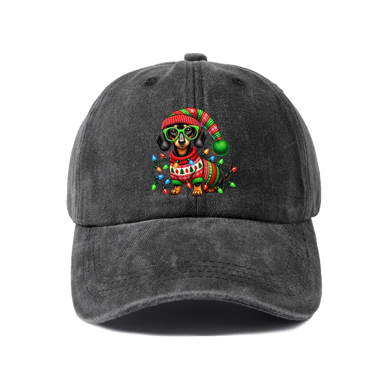 Vintage Washed Christmas Dachshund Lights Graphic Baseball Cap, Adjustable Unisex Dad Hat, Holiday Dog Lover Gift