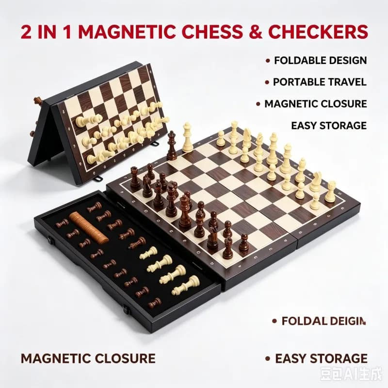 Portable 2 in 1 Magnetic Chess & Checkers Set Premium Wooden Foldable Board with Storage Travel Educational Game