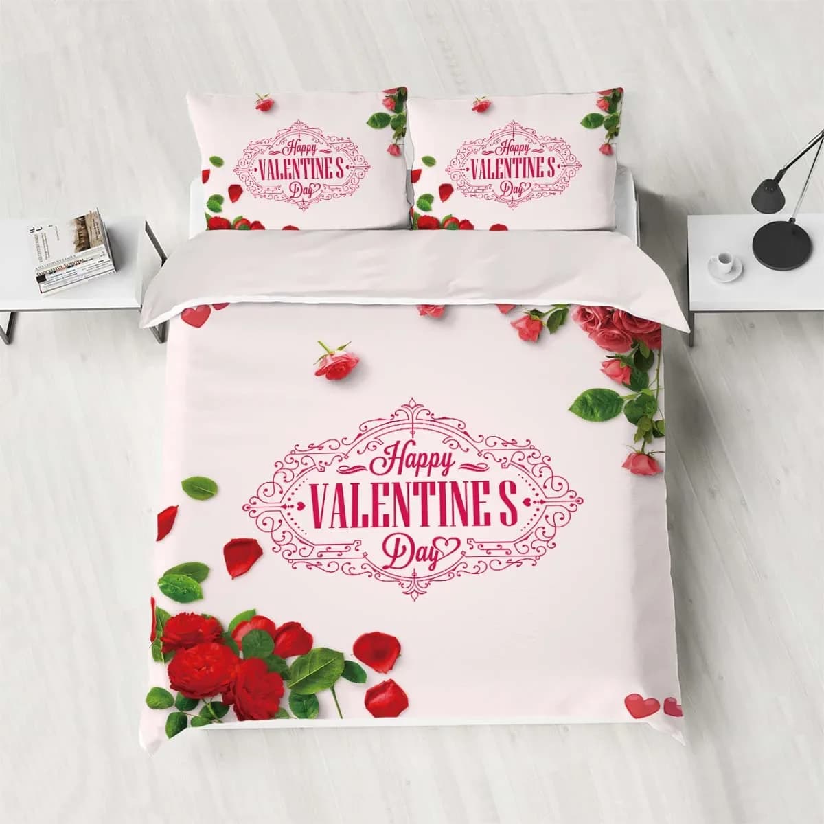 Set copripiumino in piuma da 3 pezzi con stampa motivo a cuore rosa (1 copripiumino + 2 federe, senza anima) Set biancheria da letto San Valentino