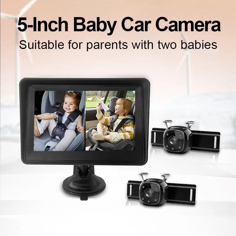 Monitor per Auto da 5 Pollici con Telecamera per Visione Notturna, Sistema di Sicurezza e Osservazione per 2 Bambini, Vista Posteriore e Sicurezza