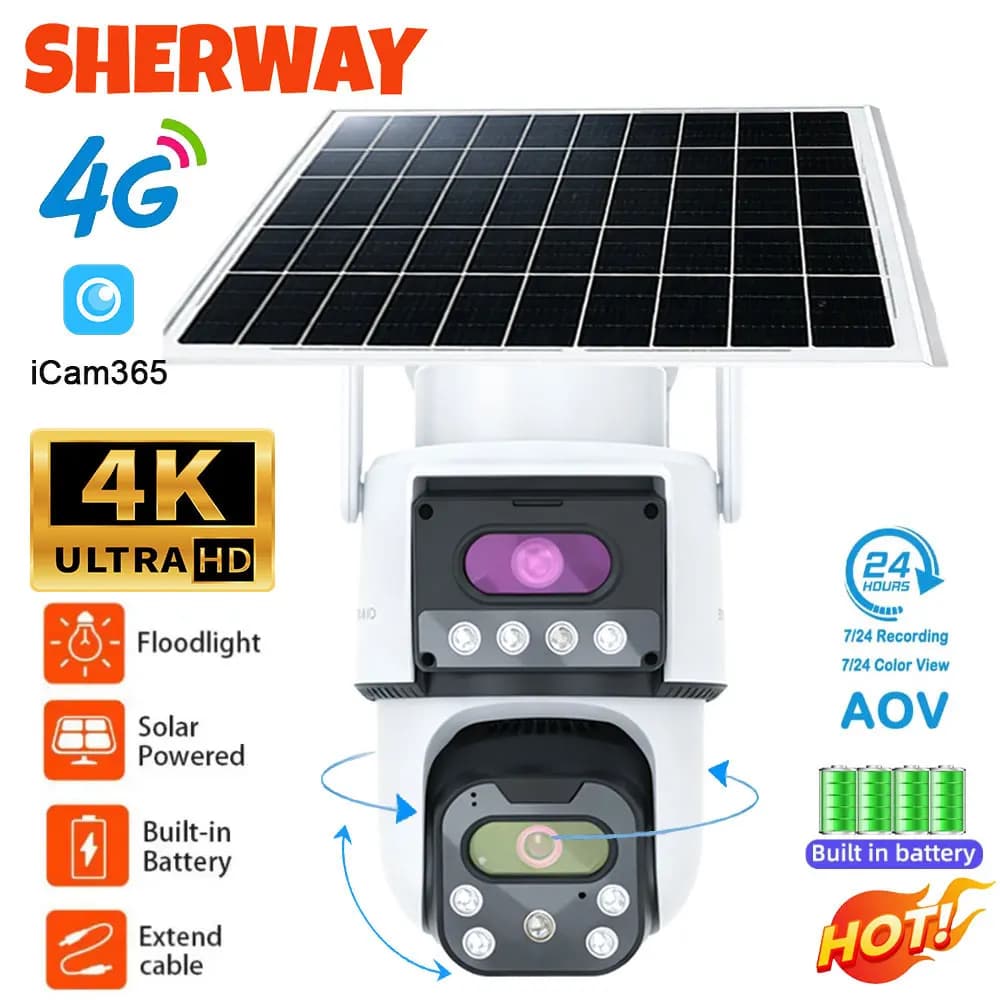 4K Dual Lens 4G Solar Camera Wireless Outdoor PIR Human Detection Night Vision Waterproof Security IP Cam Battery CCTV Monitor