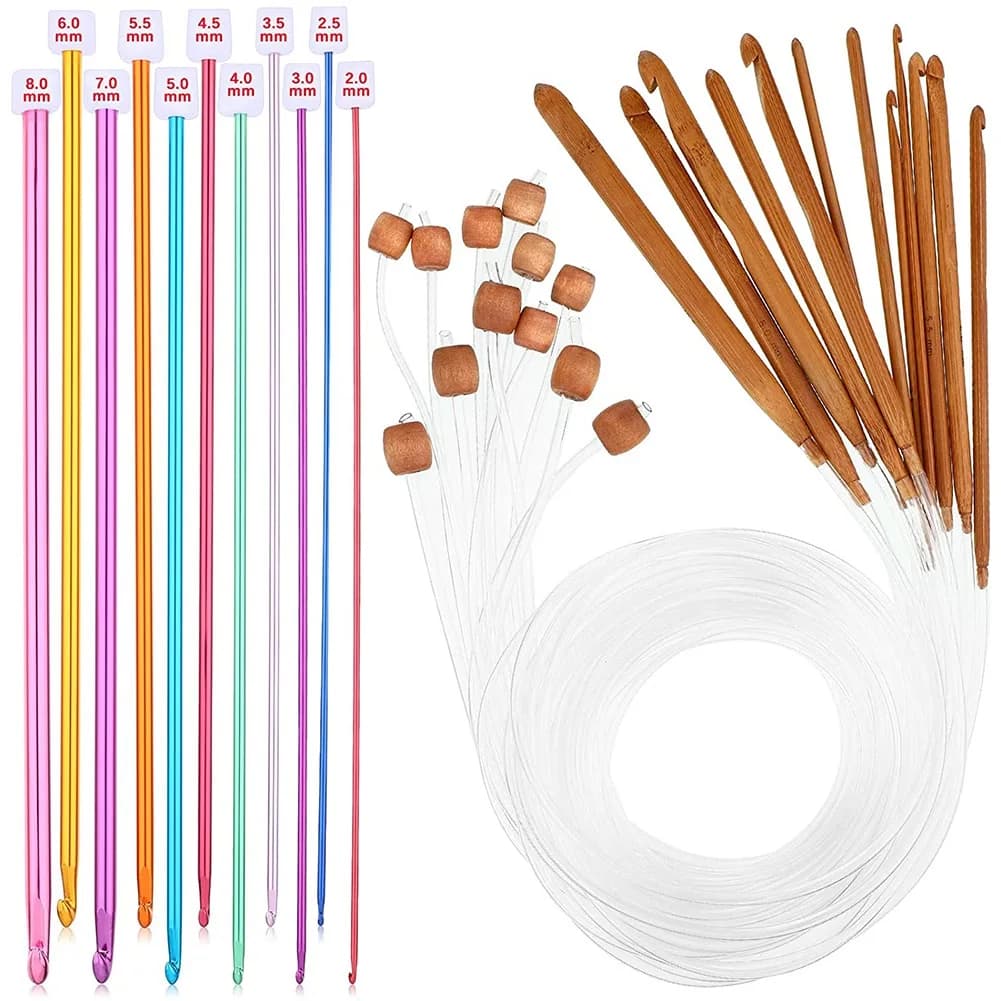 ABJT-23 Pieces Tunisian Crochet Hooks Set 3-10 Mm Cable Bamboo Knitting Needle With Bead Carbonized Bamboo Needle Hook 2-8Mm