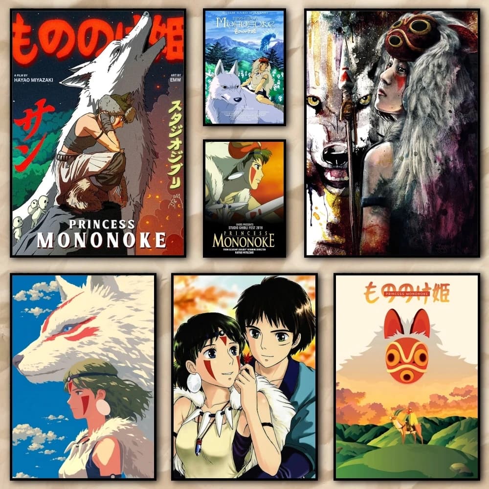 P_PrincesS Anime M_MononokES Painting Calligraphy High Quality Canvas Poster Wall Art For Office Restaurant Home Decoration Set