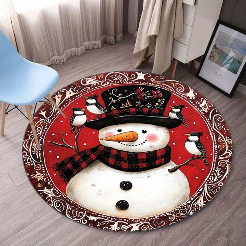 Pupazzo di neve di Natale Uccelli Modello rosso Tappeto rotondo Tappetino in velluto di cristallo Decorazioni per le vacanze Soggiorno Camera da letto Tappeto Design festivo