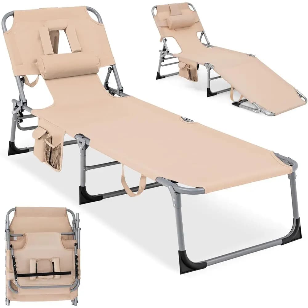 Tanning Chair with Ace Hole, 4-Position Adjustable Backrest, Pillow & Side Table, Folding Chaise Lounge Chair Outdoor or Sunbath