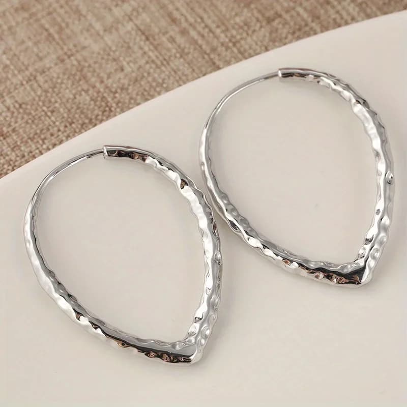Orecchini a Cerchio Ovali Semplici Color Argento da Donna, a Goccia d'Acqua, in Metallo Irregolare Martellato, Accessori Gioielli per Orecchie