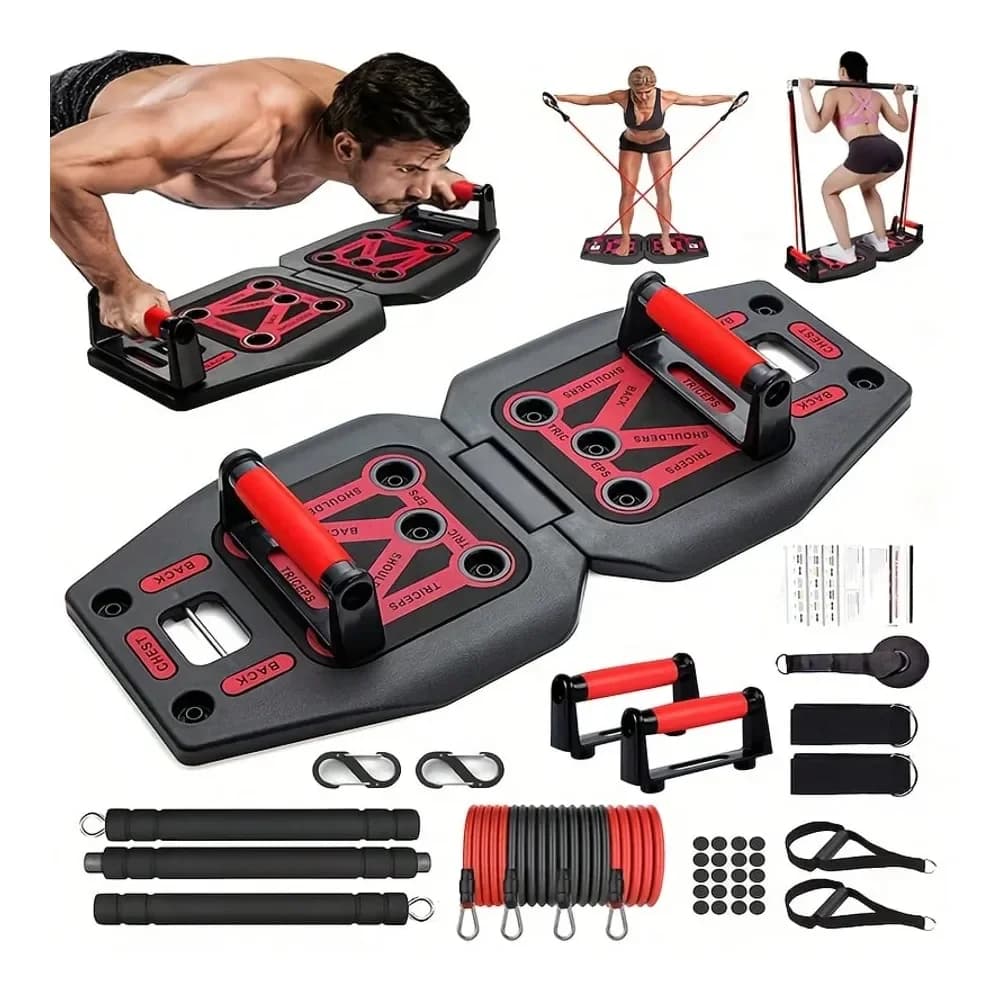 Sistema di allenamento per la casa 9 in 1: tavola per flessioni, bande di resistenza, barra per pilates per allenamento della forza di addominali, spalle, schiena e glutei