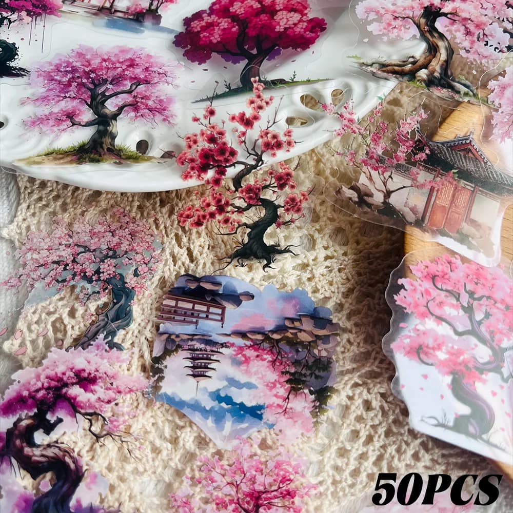 50-Piece Set of Watercolor Peach Tree Stickers for Suitcases, Laptops, Scrapbooks, Diaries, Skateboards, Guitars, and Mugs