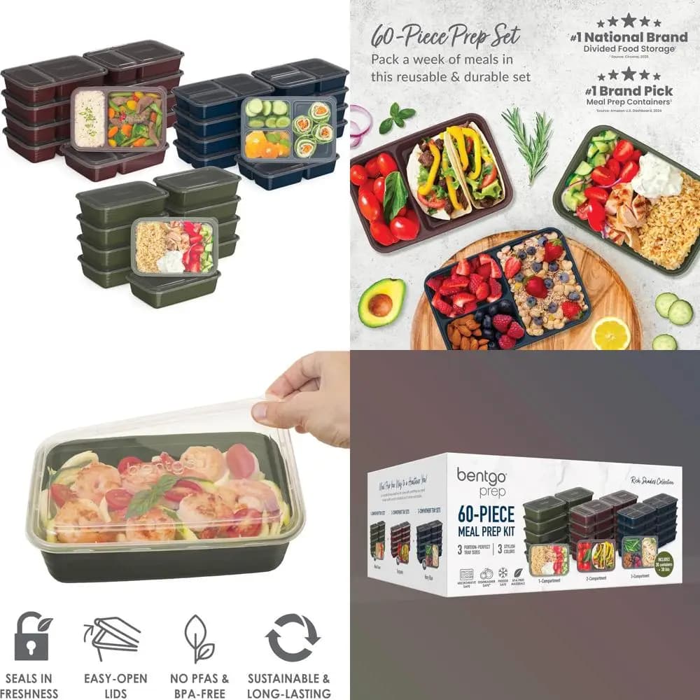 Set di contenitori riutilizzabili per la preparazione dei pasti da 60 pezzi: senza BPA, 1-3 scomparti, sicuri per microonde, congelatore e lavastoviglie (tono ricco