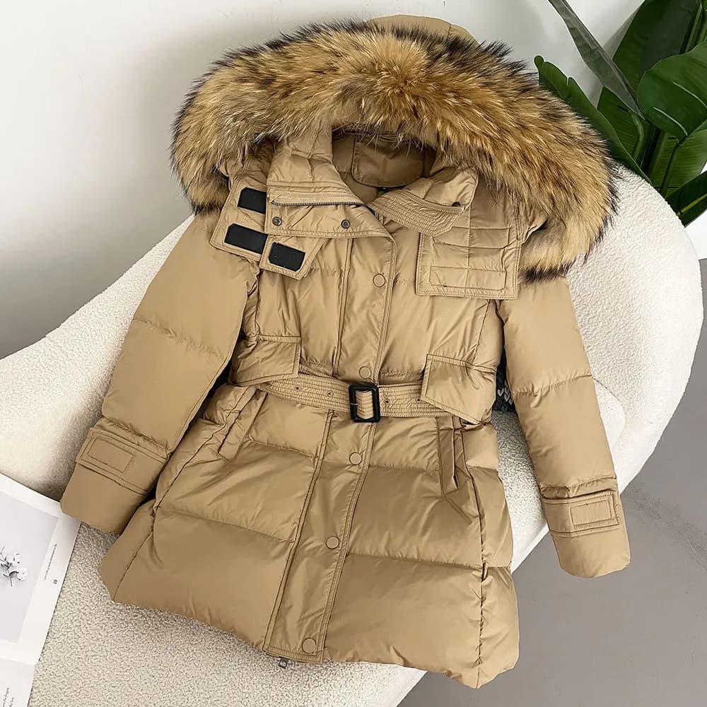 Vera fur of raccoon of fox with hood warm thick natural genuine fur down 2024 new winter white duck down woman
