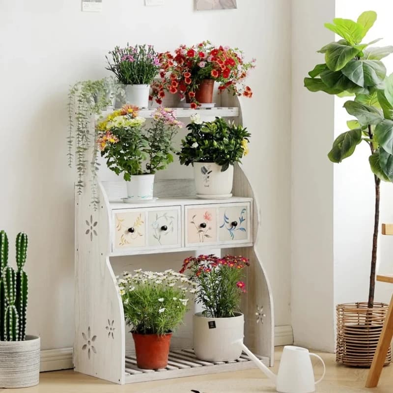 shelf living room floor type with wheels movable solid wood flower pot plant rack