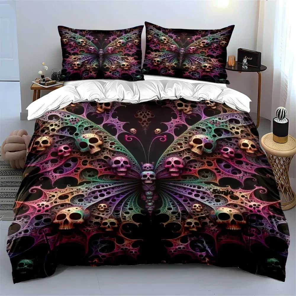 Set di decorazioni artistiche con farfalle e teschi, set di biancheria da letto morbido e confortevole, include 1 copripiumino e 2 federe, regalo