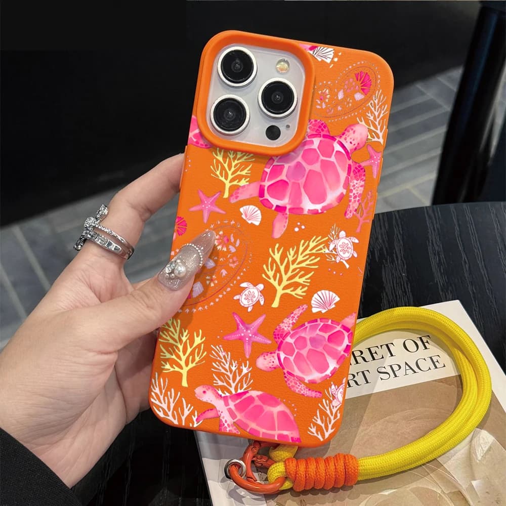 Custodia con Cinturino da Polso per iPhone 13 14 Pro Max, Custodie per iPhone 11 12 17 ProMax 13 15 Plus XR - Tema Marino Costiero ​ ​ Cover Turtle INS con cordino