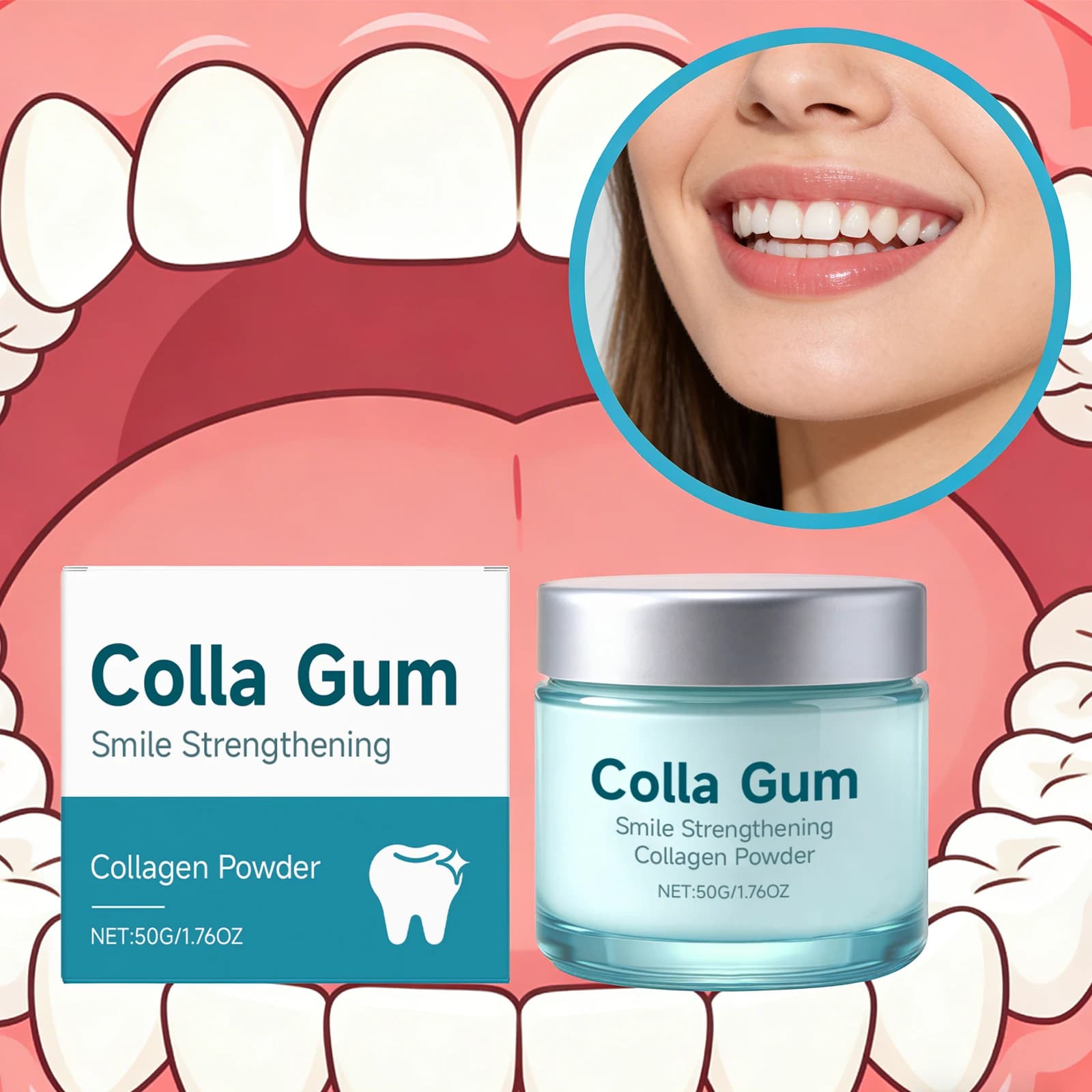 Collagen Powder for Tooths, Whitening, Reduces Yellowing, Removes Plaque and Macchie, Fresh Food, Oral Hygiene, Care of the Magive