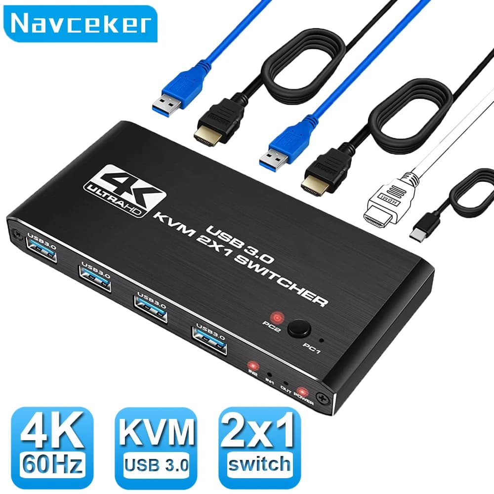USB 4K Switcher USB 3.0 Switch KVM compatible with HDMI 8K 2 In 1 Out for 2 PC Sharing Keyboard Mouse EDID / HDCP Printer