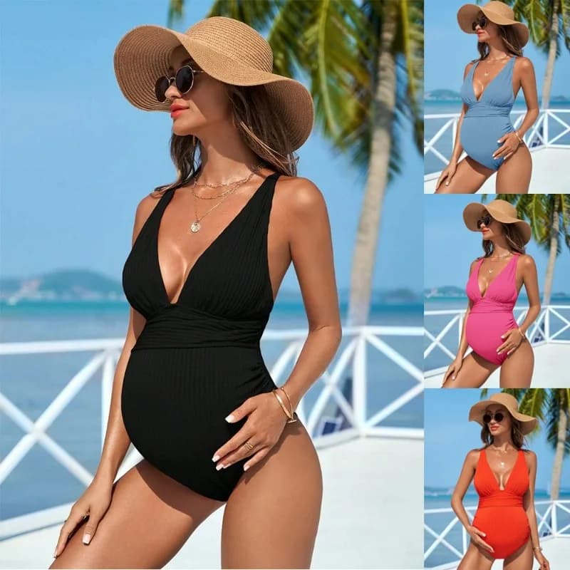 Costume da bagno premaman 2026 nuovo tinta unita per donna, taglie forti, scollo a V, design push-up, per termali