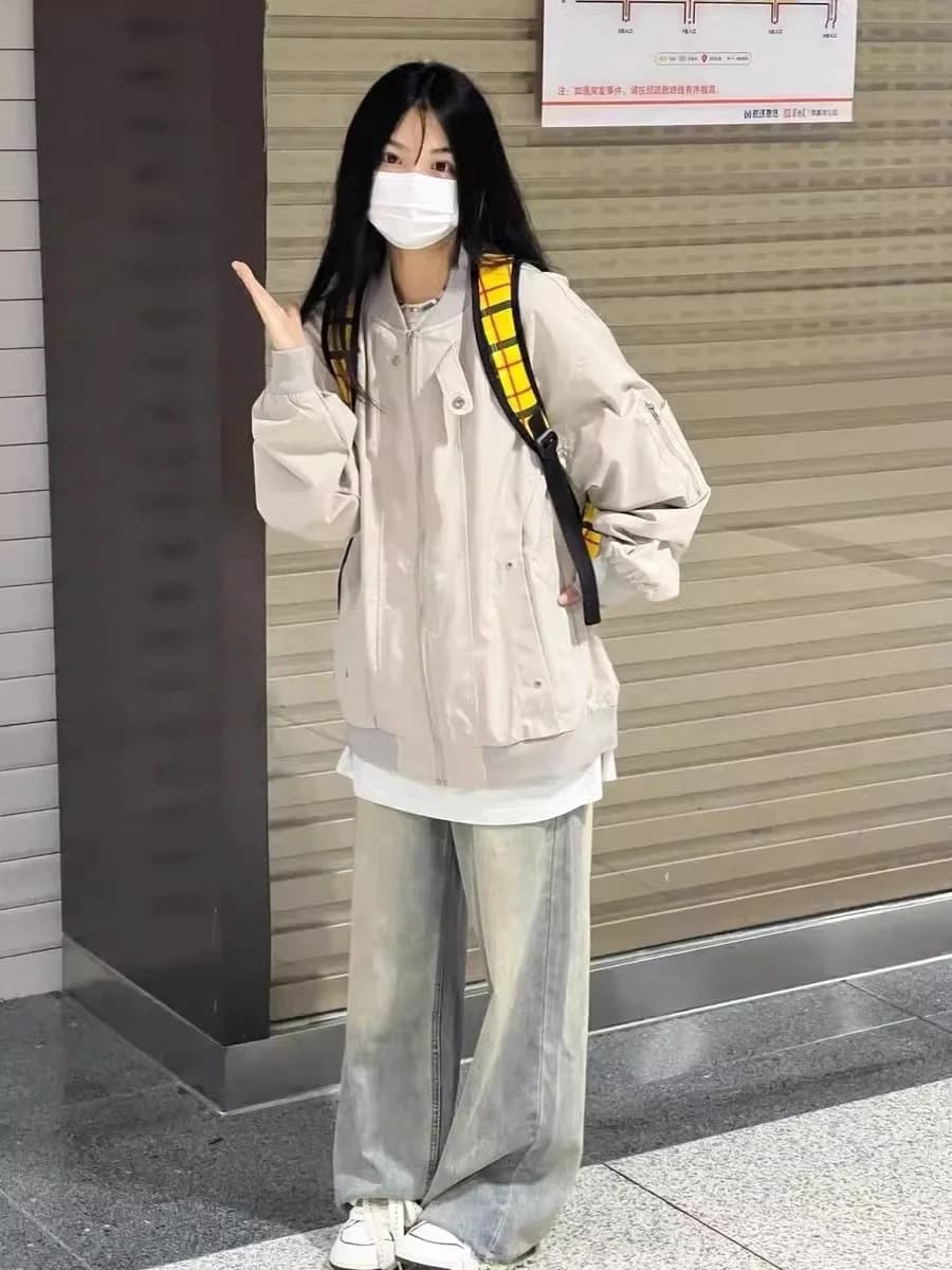 Giacca bomber da donna ampia, stile coreano, primaverile autunnale, giacca da baseball, capospalla semplice e alla moda per coppia, a maniche lunghe con bottoni