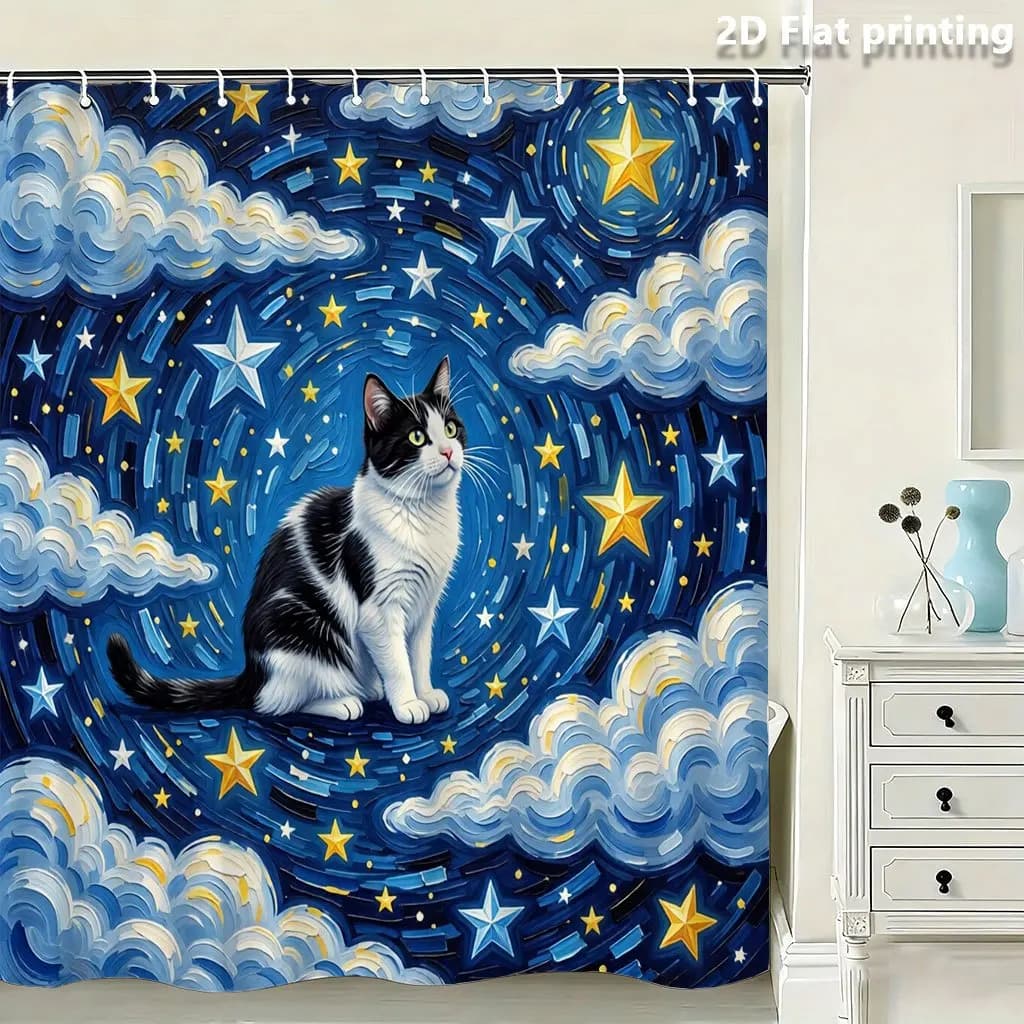 Watercolor Style Cat Night Sky Galaxy Print Polyester Shower Curtain Blue Stars Celestial Bathroom Decor Curtain Liner