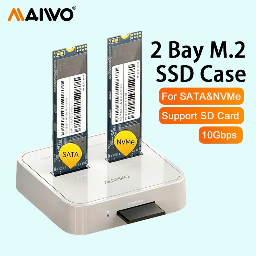 MAIWO Docking Station per SSD M.2 NVMe SATA a Doppio Slot, Adattatore USB 3.1 Gen2 per SSD M2, Case Portatile PCIe SDD 10Gbps con Lettore di Schede SD
