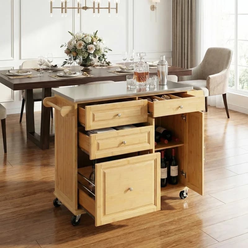 Mobile Bamboo Kitchen Island with Stainless Steel Top, Drawers, Cabinet, and Towel Rack – Ideal for Dining and Bar Use