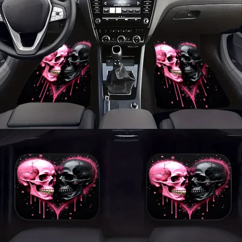 4Pcs Car Floor Mats | Pink Black Skull Heart Print Gothic Style Car Interior Accessories