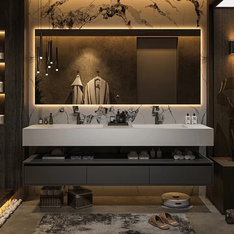 Mobile da Bagno con Specchio e Armadietto Portaoggetti, Cassetti per Profumi e Toilette, Divisori per Lavabo, Mobile Angolare per Trucco, Arredamento Casa