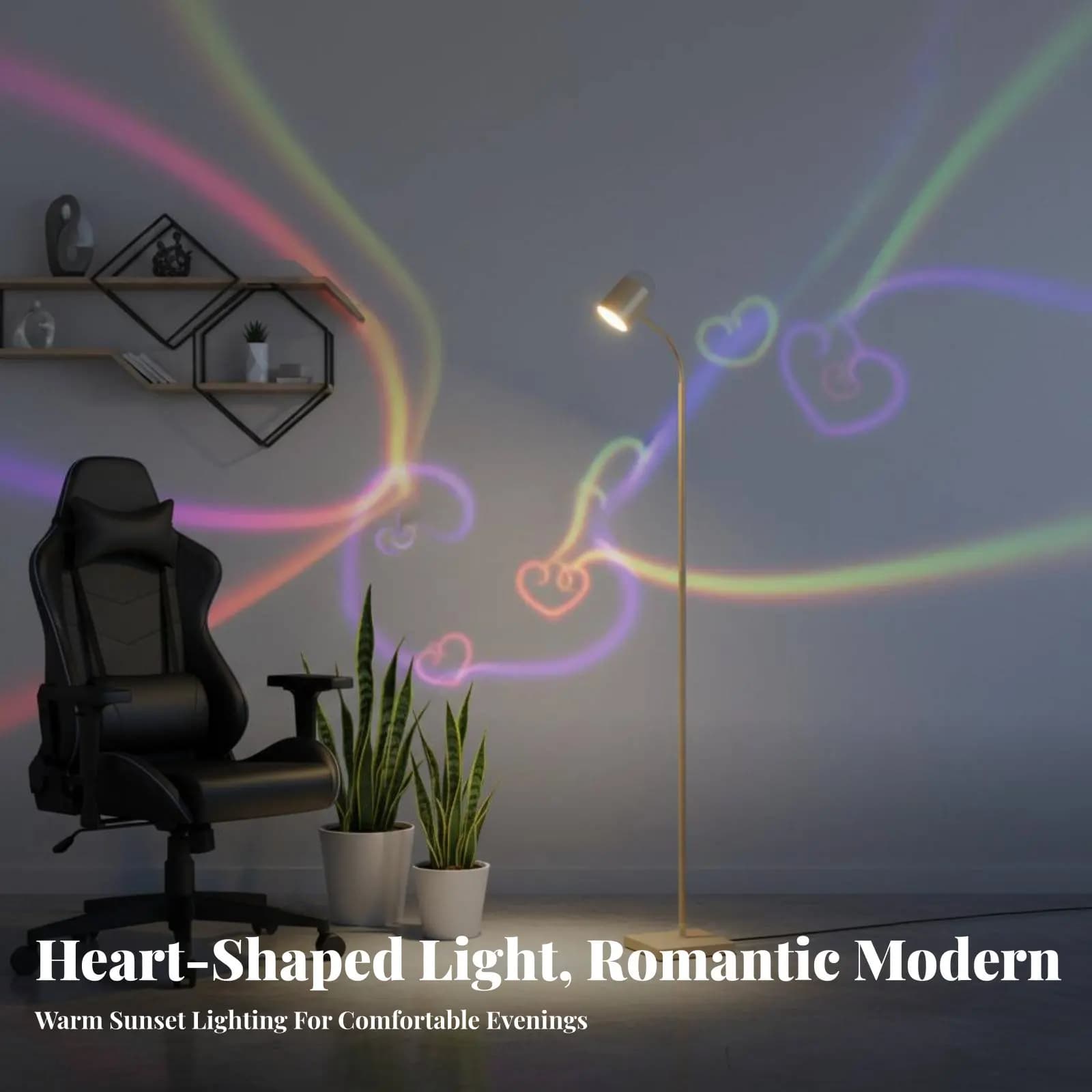 Lampada a Quattro Teste a Forma di Cuore con Effetto Tramonto, Motivo a Onde d'Acqua, Luce da Terra Regolabile per Streaming, Soggiorno