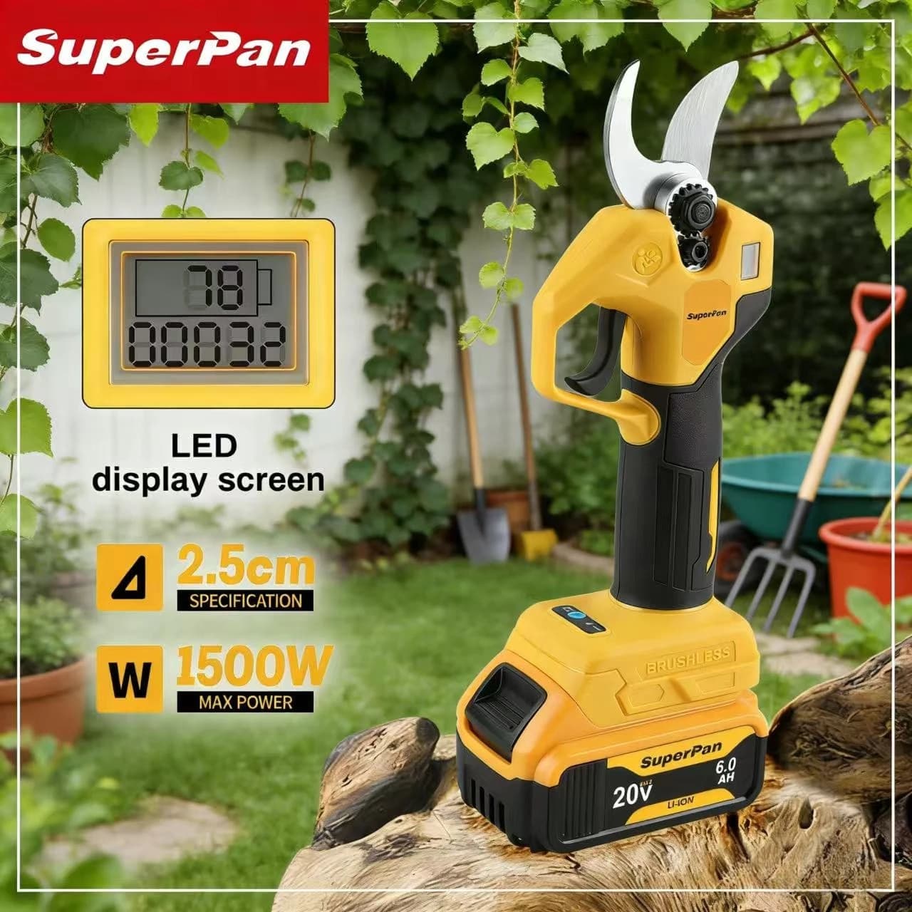 SuperPan high power lithium pruning scissors for garden care, cut branches and plant care, compatible with Dewalt 20V battery.