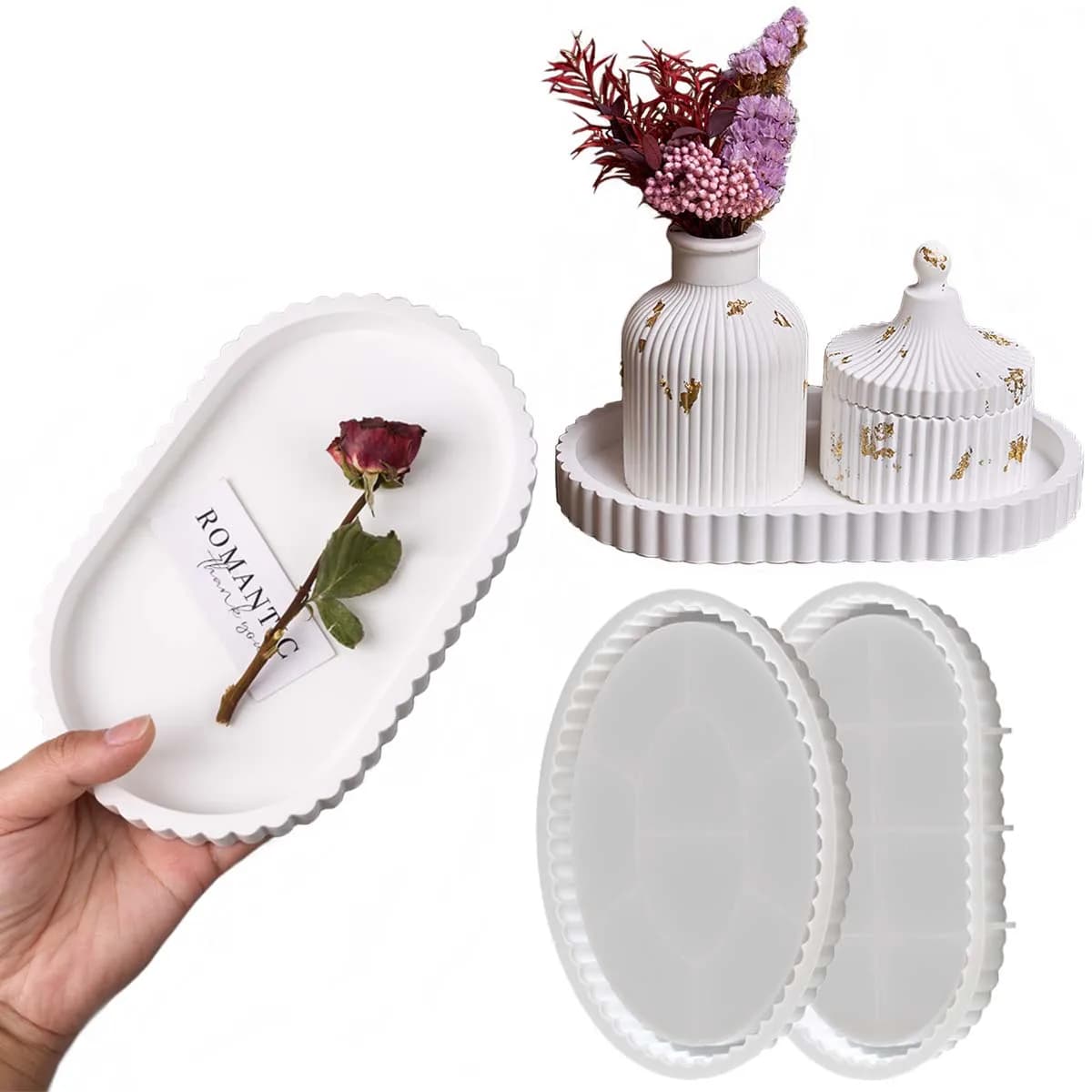 Lace Storage Tray Silicone Mold DIY Oval Stripe Coaster Making Molds Plaster Resin Jewelry Display Plate Craft Casting Mould