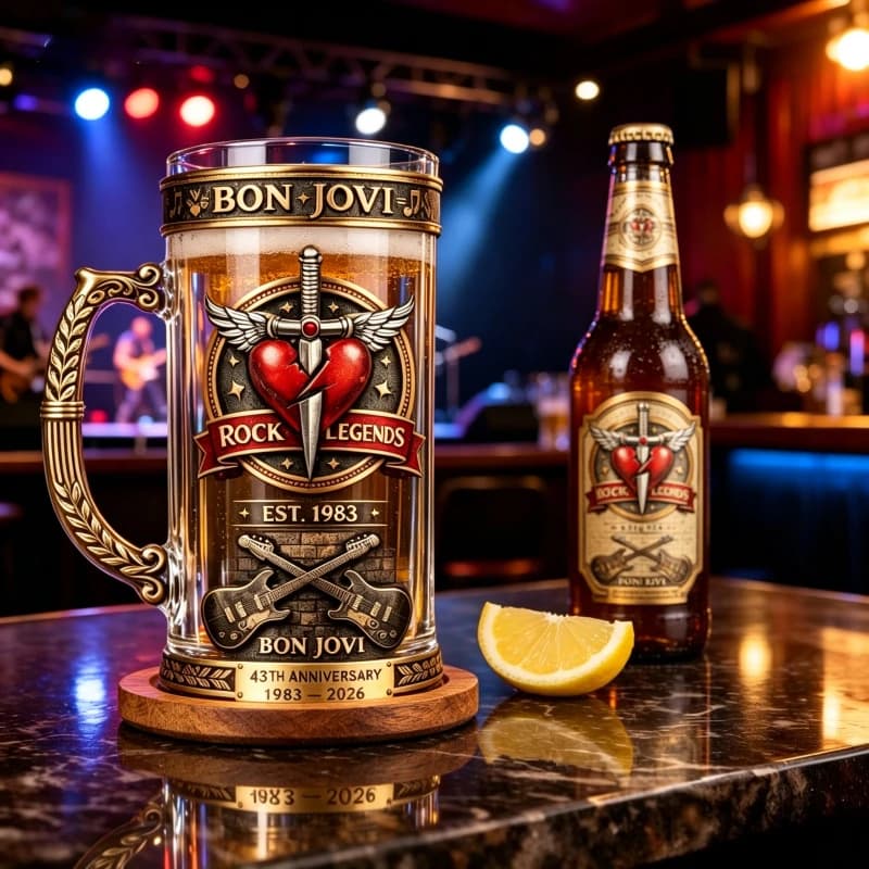 Boccale da Birra Commemorativo 43° Anniversario Bon Jovi - Tazza in Vetro Incisa con Leggende del Rock per i Fan