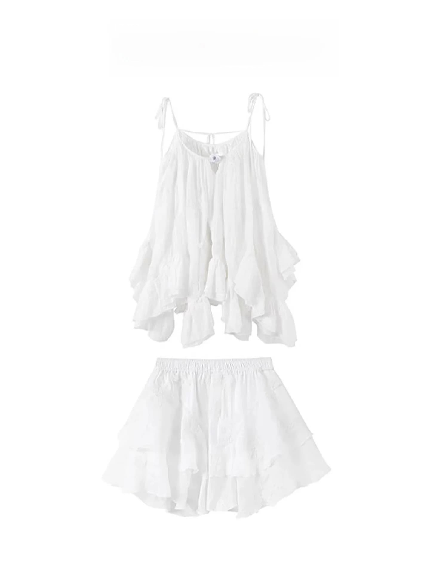 Beach Vacation White Vest Top Half Skirt Set Irregular Lace Trim Summer Holiday Women's Fashion Two-Piece Suit round Neck Sho...