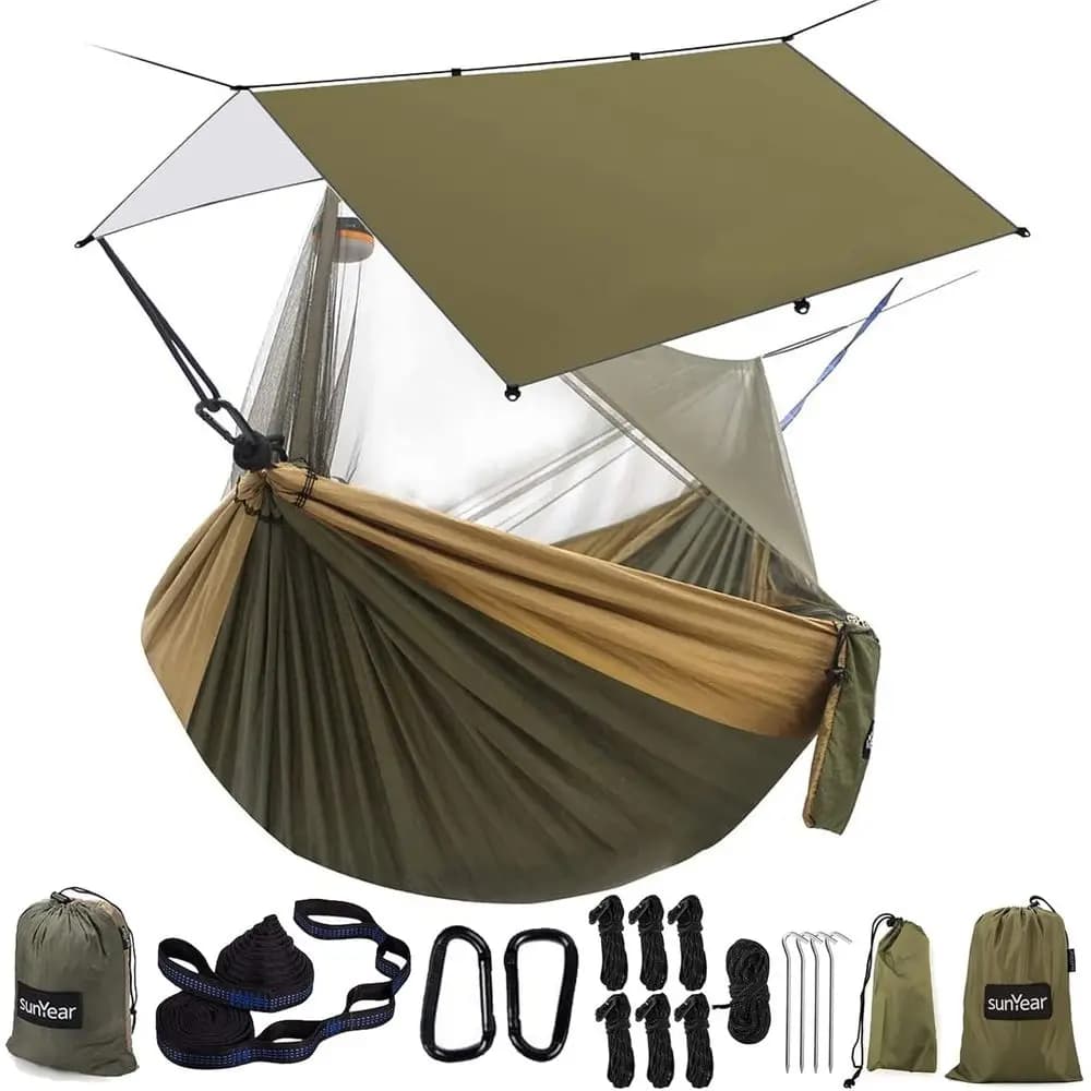 Double Camping Hammock with Rain-Resistant Tarp and Mosquito Net, Portable Outdoor Backpacking Gear for Travel and Survival, Inc
