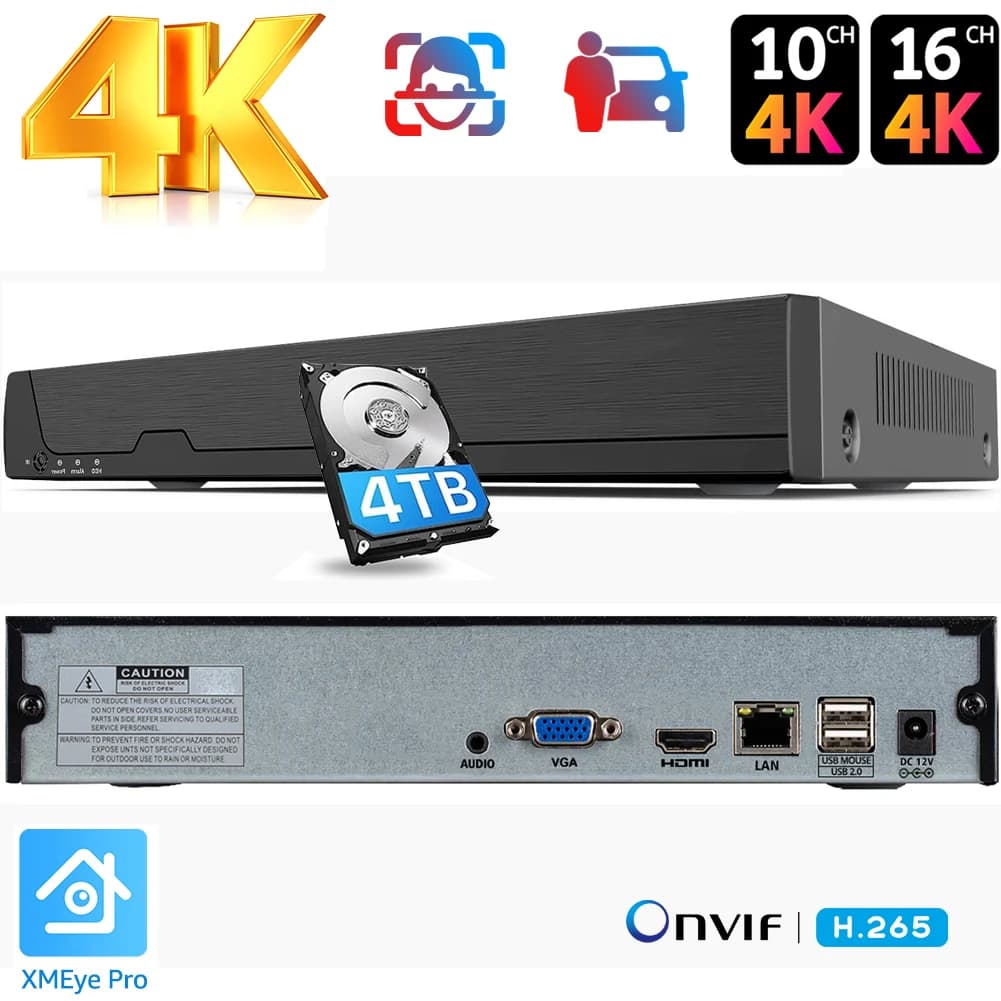 Videoregistratore di rete Onvif 4K 16CH NVR H.265 per telecamera IP (1080P/3MP/4MP/5MP/8MP) XMeye NVR Face Detect P2P Cloud CCTV Record