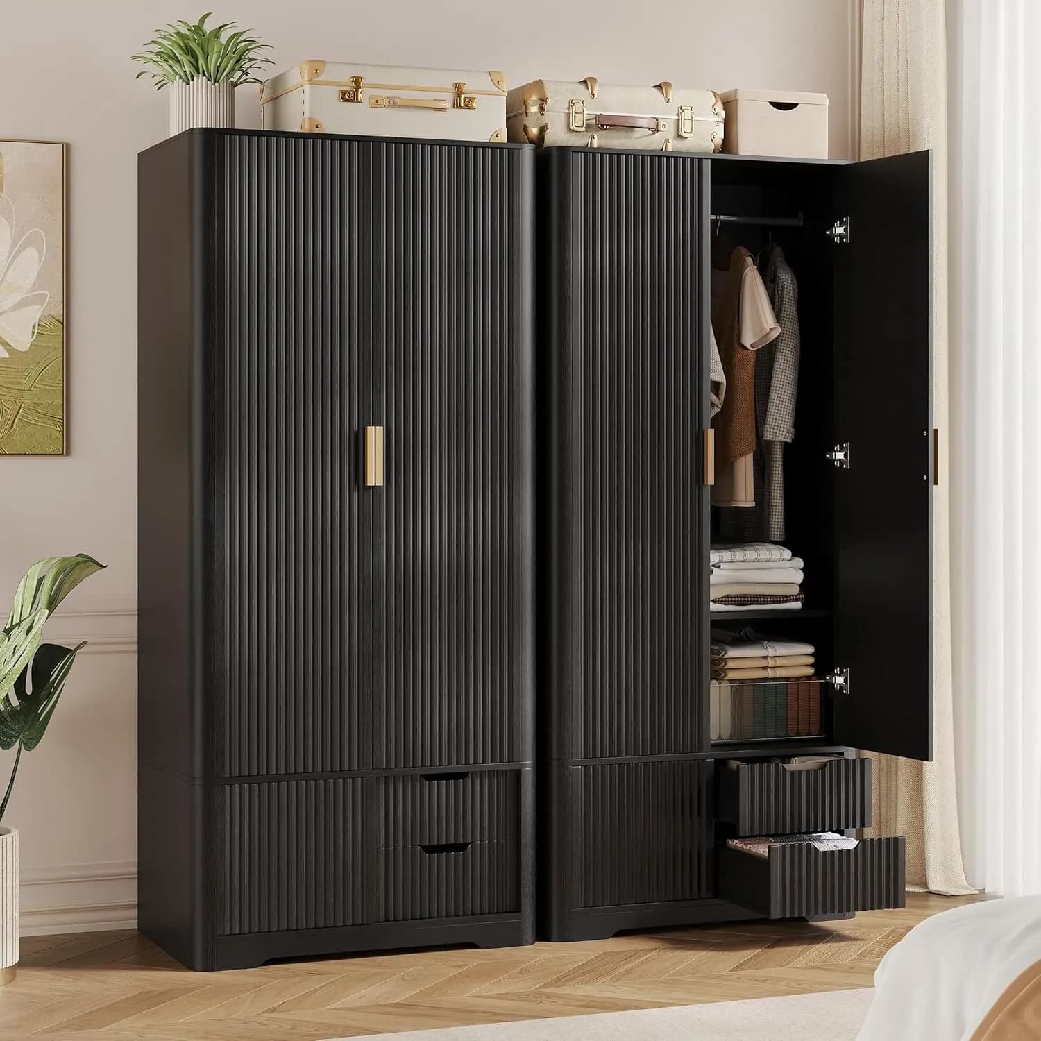 Armadio in Legno Scanalato da 71 Pollici con 2 Ante, Cassetti, Asta Appendiabiti, 2 Ripiani, Maniglia in Metallo Dorato, Ampio Spazio di Stoccaggio, Personalizzabile per Camera da Letto